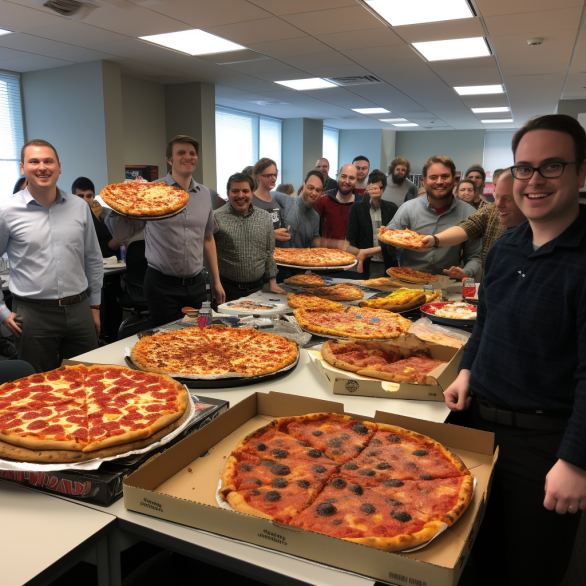 employees throw their boss a pizza party